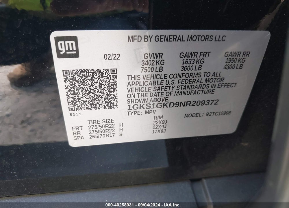 2022 GMC YUKON XL 2WD SLT VIN: 1GKS1GKD9NR209372