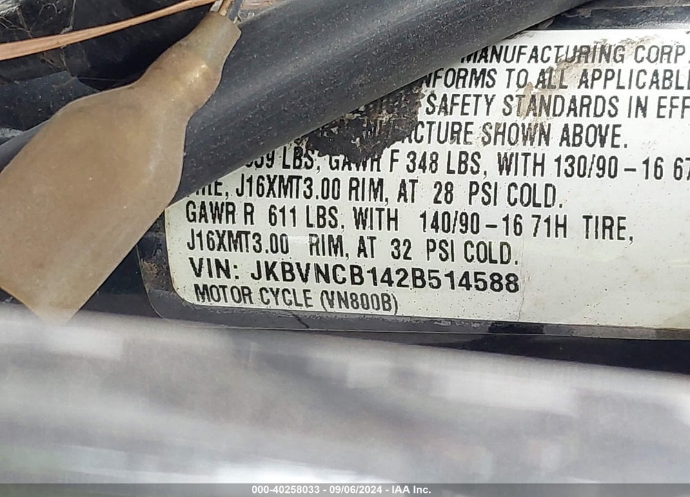 2002 KAWASAKI VN800 B VIN: JKBVNCB142B514588