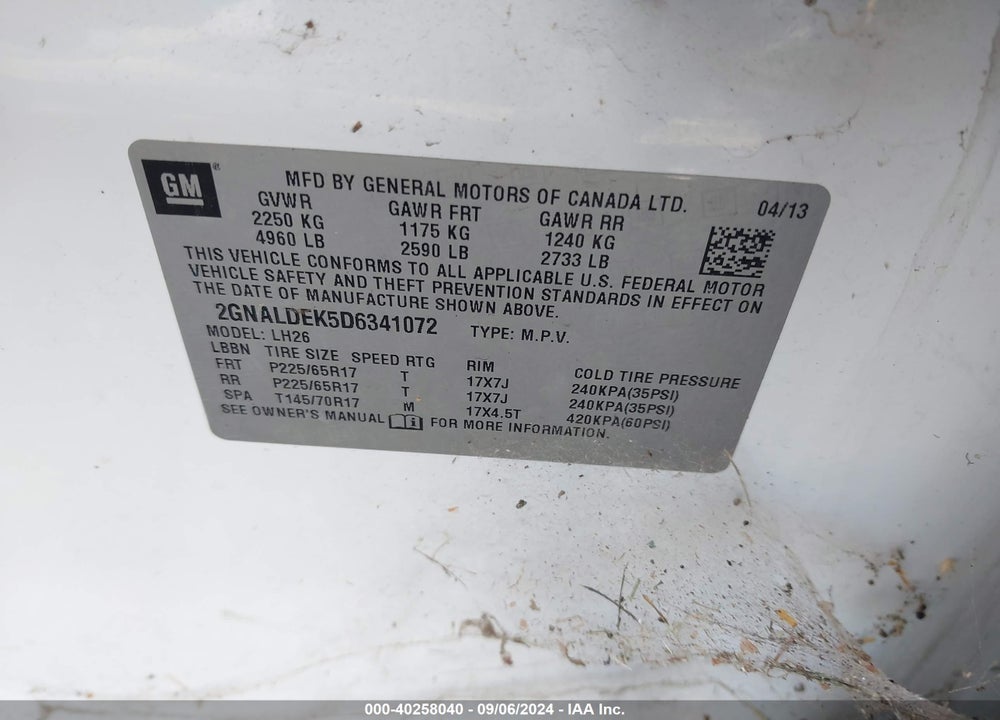 2013 CHEVROLET EQUINOX VIN: 2GNALDEK5D6341072