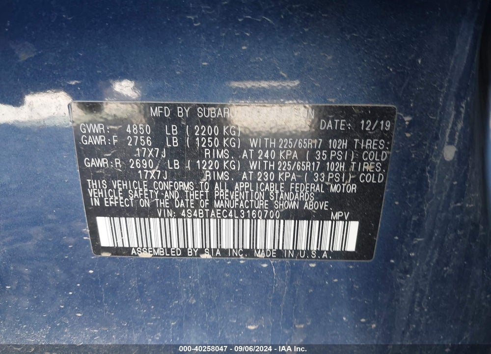 2020 SUBARU OUTBACK PREMIUM VIN: 4S4BTAEC4L3160700