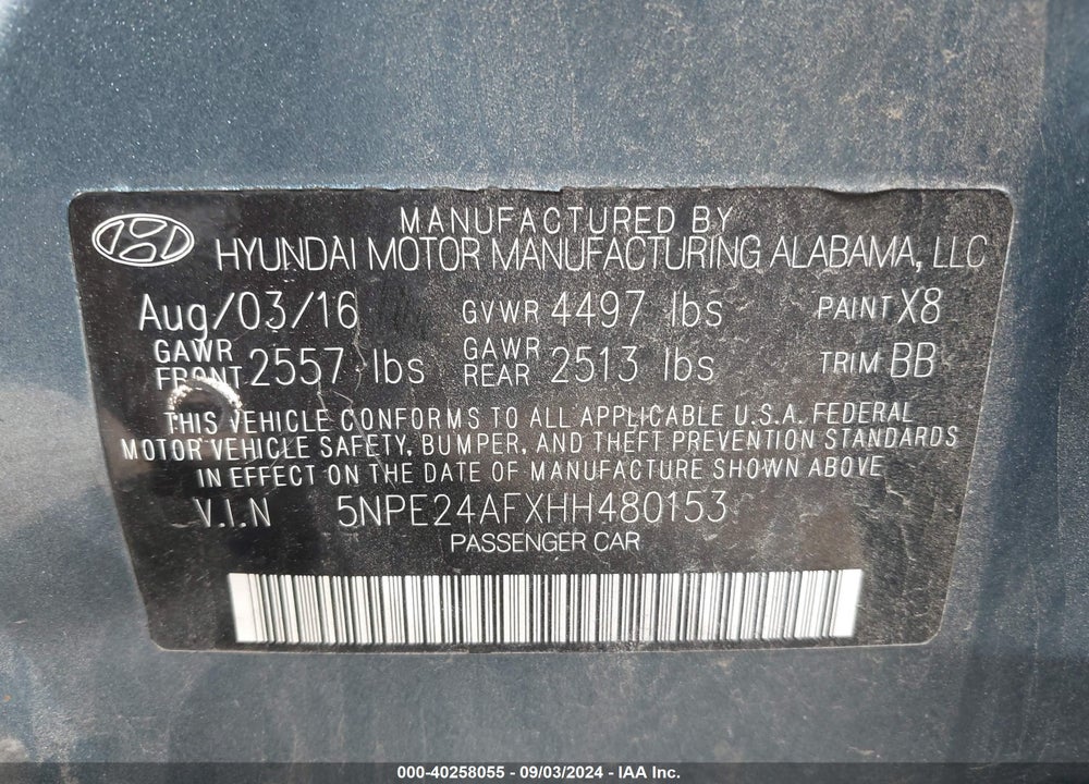 2017 HYUNDAI SONATA SE VIN: 5NPE24AFXHH480153