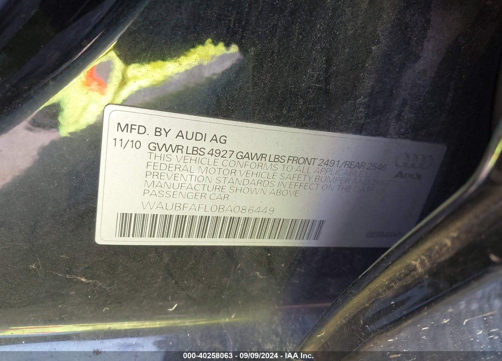 2011 AUDI A4 2.0T PREMIUM VIN: WAUBFAFL0BA086449