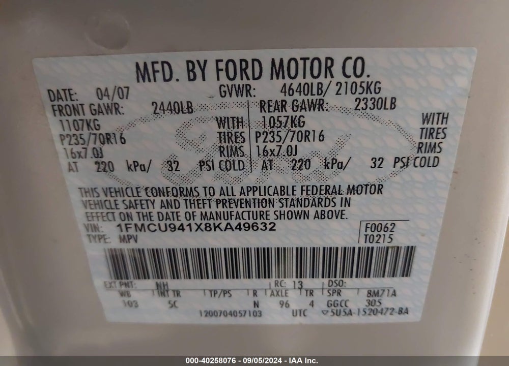 2008 FORD ESCAPE LIMITED VIN: 1FMCU941X8KA49632