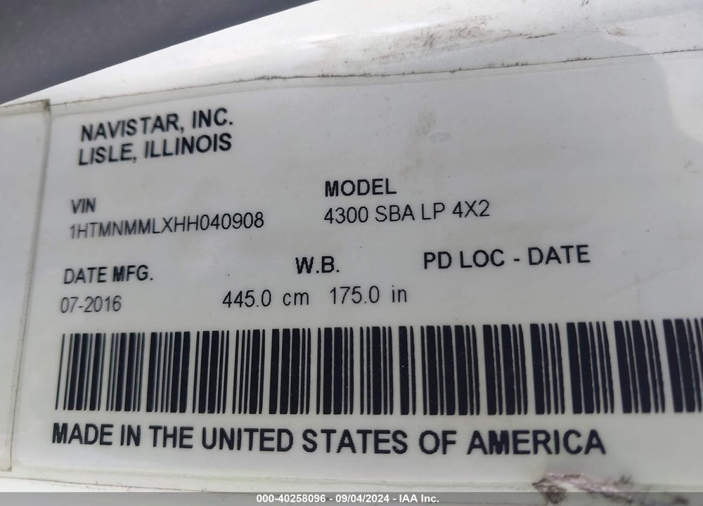 2017 INTERNATIONAL DURASTAR 4300 VIN: 1HTMNMMLXHH040908