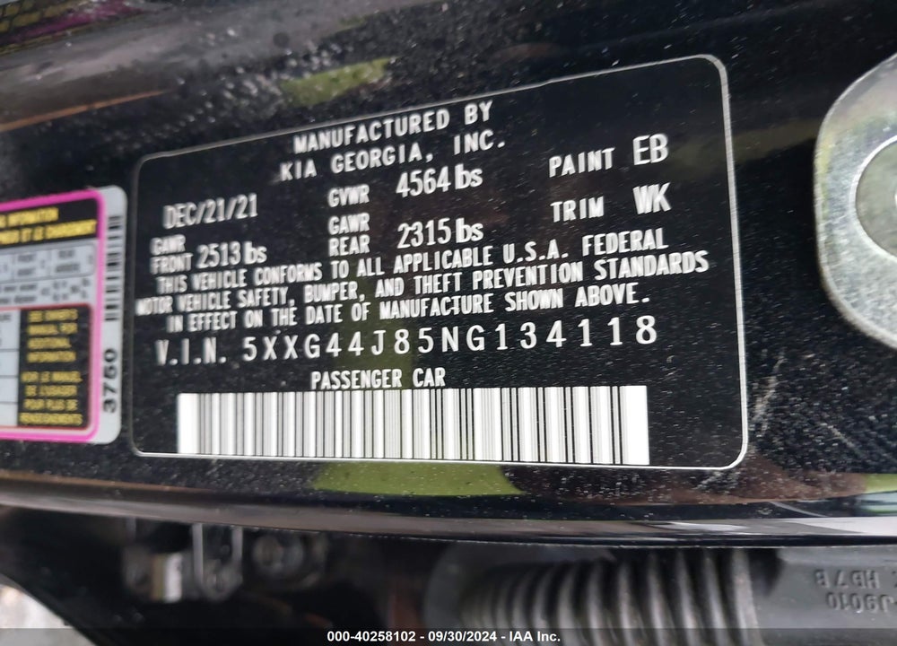 2022 KIA K5 GT VIN: 5XXG44J85NG134118