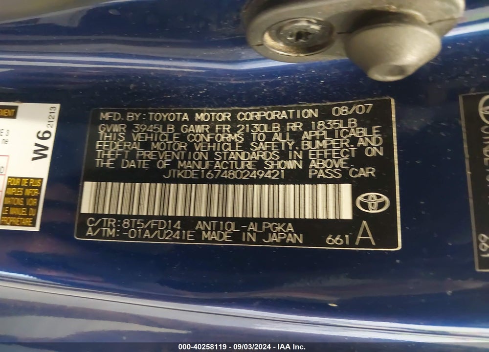 2008 SCION TC VIN: JTKDE167480249421