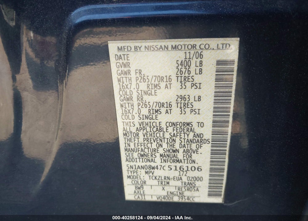 2007 NISSAN XTERRA S VIN: 5N1AN08W47C516106