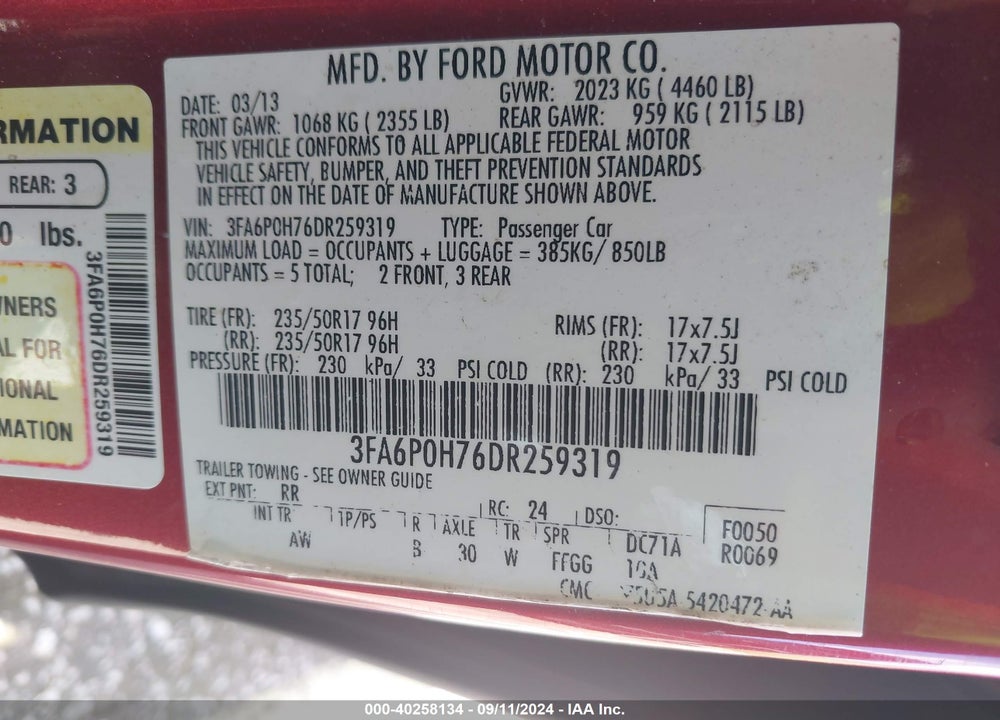 2013 FORD FUSION SE VIN: 3FA6P0H76DR259319