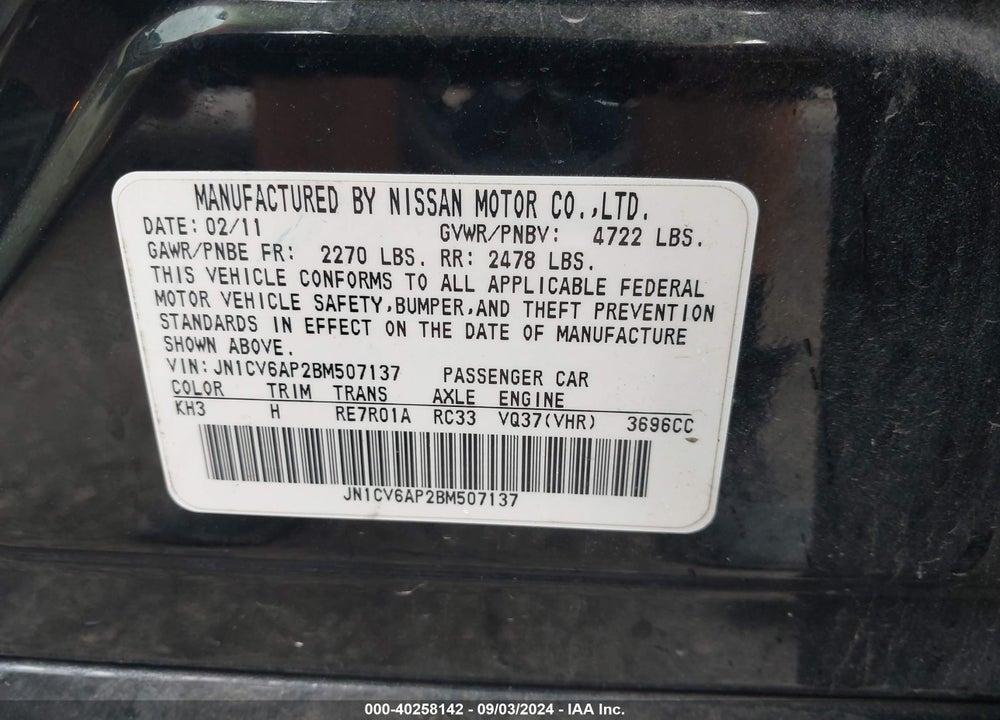 2011 INFINITI G37 VIN: JN1CV6AP2BM507137