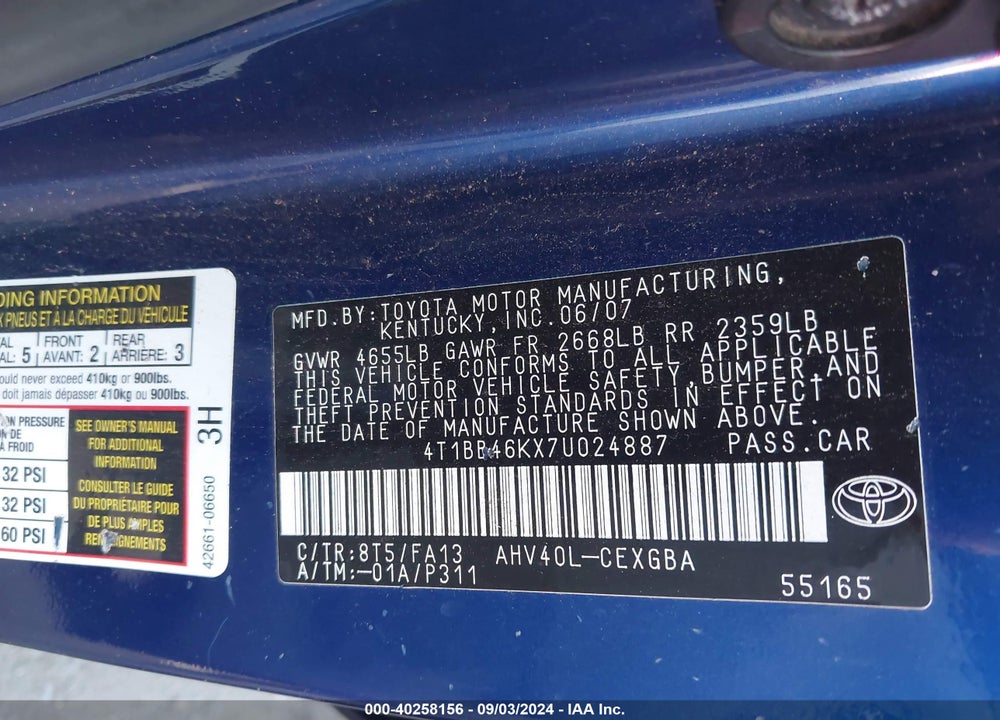 2007 TOYOTA CAMRY HYBRID VIN: 4T1BB46KX7U024887