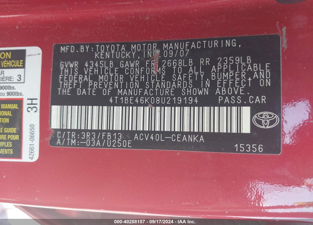 2008 TOYOTA CAMRY LE VIN: 4T1BE46K08U219194