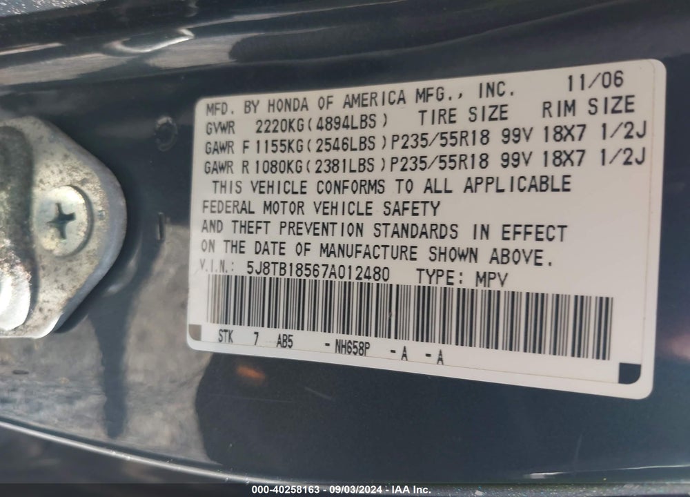 2007 ACURA RDX VIN: 5J8TB18567A012480