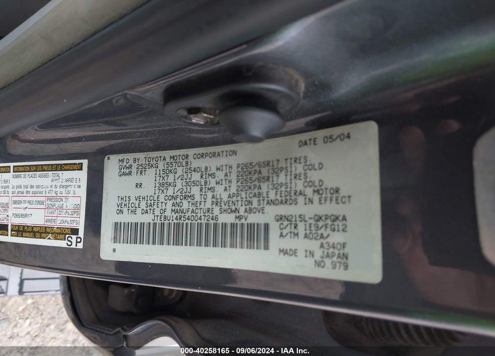 2004 TOYOTA 4RUNNER SR5 V6 VIN: JTEBU14R540047246