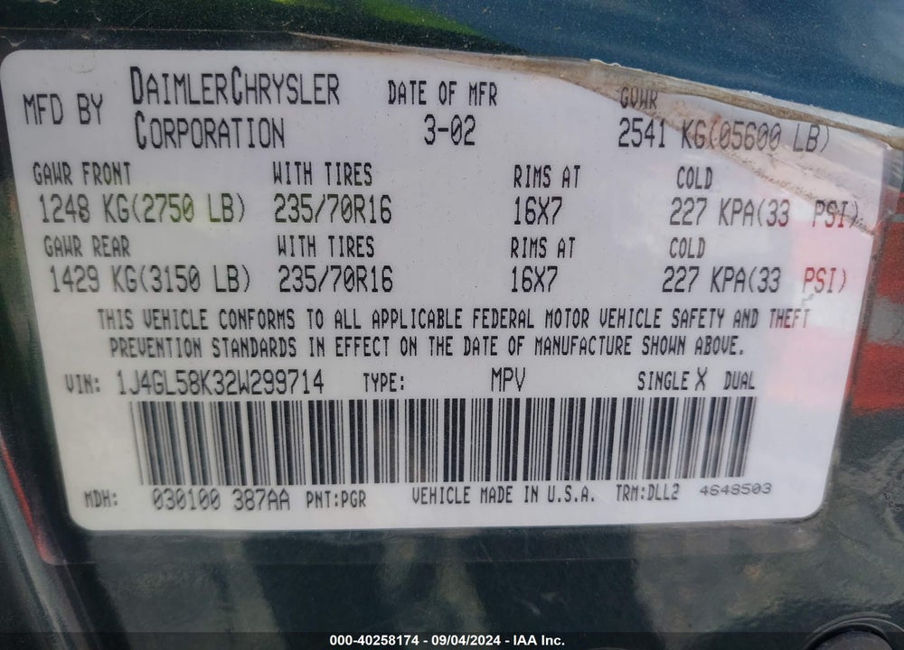 2002 JEEP LIBERTY LIMITED EDITION VIN: 1J4GL58K32W299714