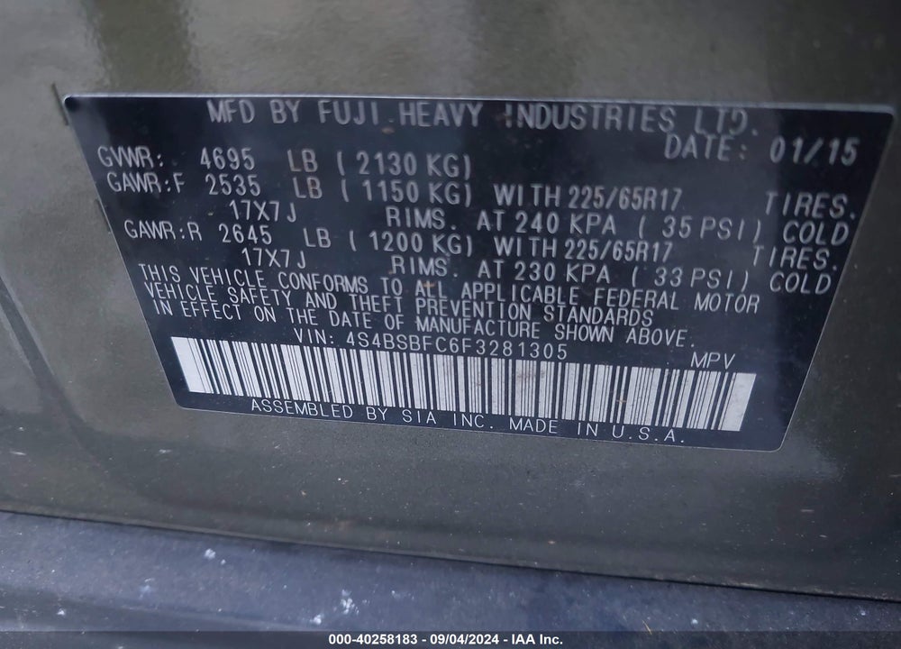 2015 SUBARU OUTBACK 2.5I PREMIUM VIN: 4S4BSBFC6F3281305