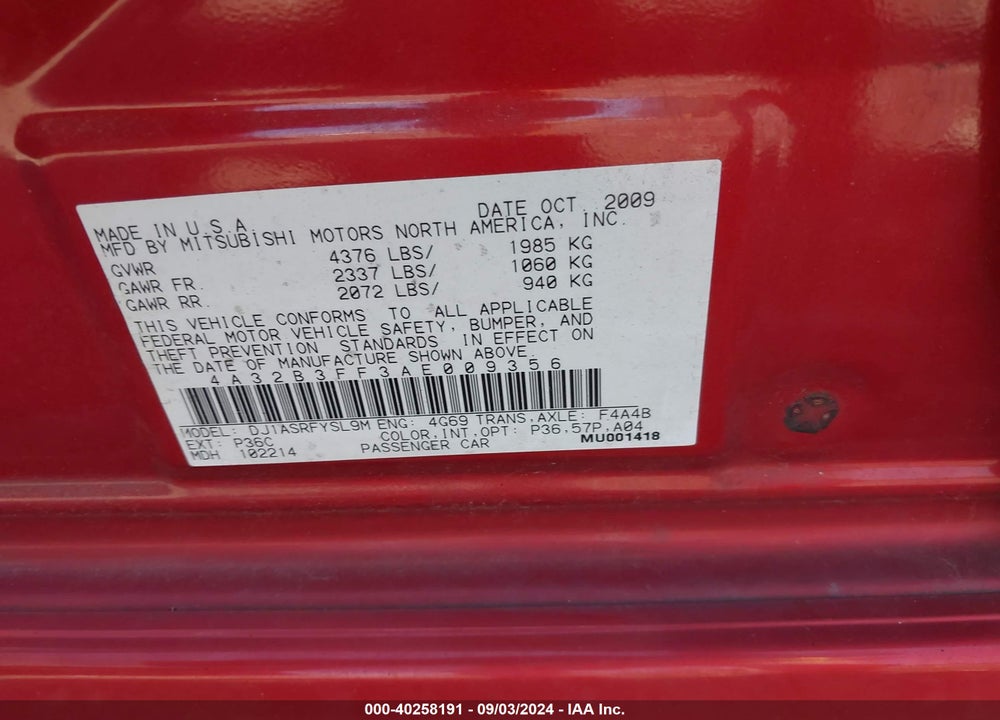 2010 MITSUBISHI GALANT ES/SE VIN: 4A32B3FF3AE009356