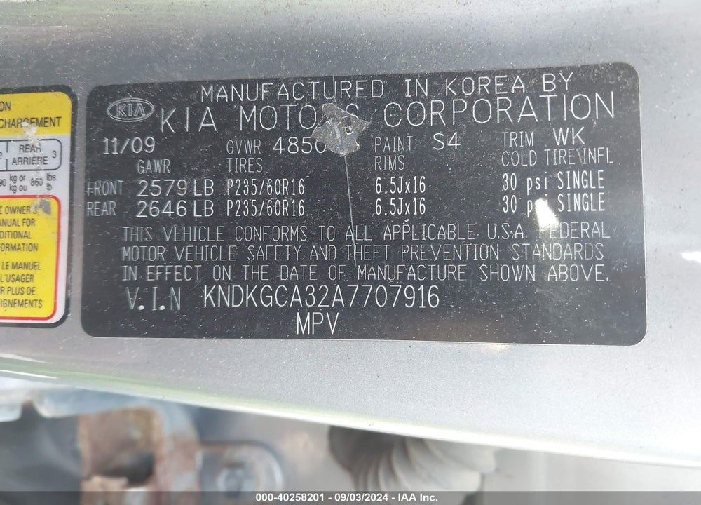 2010 KIA SPORTAGE LX V6 VIN: KNDKGCA32A7707916