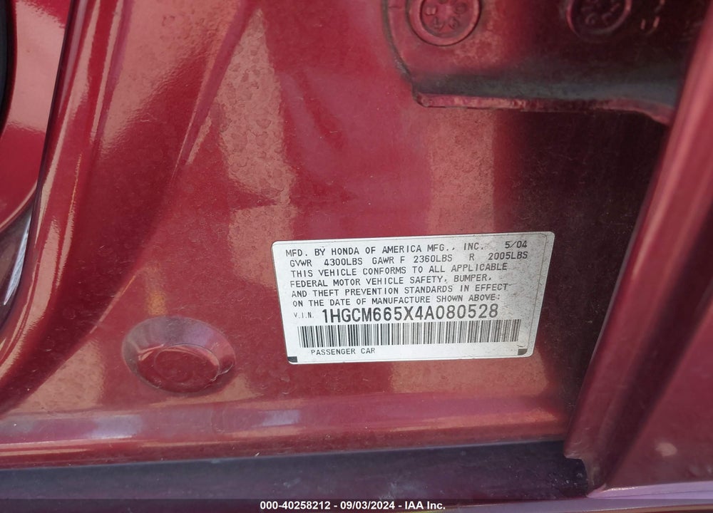 2004 HONDA ACCORD 3.0 EX VIN: 1HGCM665X4A080528