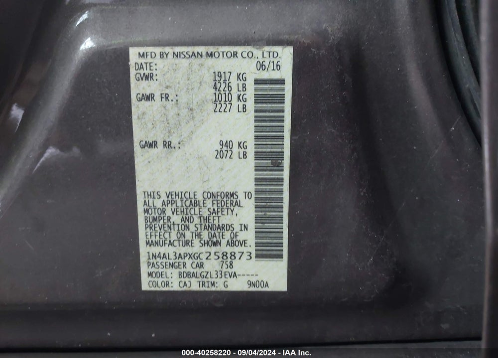2016 NISSAN ALTIMA 2.5/2.5 S/2.5 SL/2.5 SR/2.5 SV VIN: 1N4AL3APXGC258873