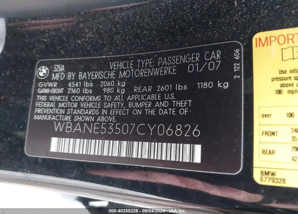 2007 BMW 525I VIN: WBANE53507CY06826