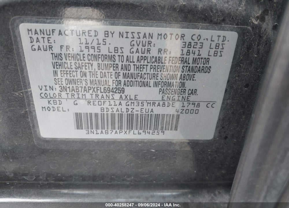 2015 NISSAN SENTRA SV VIN: 3N1AB7APXFL694259