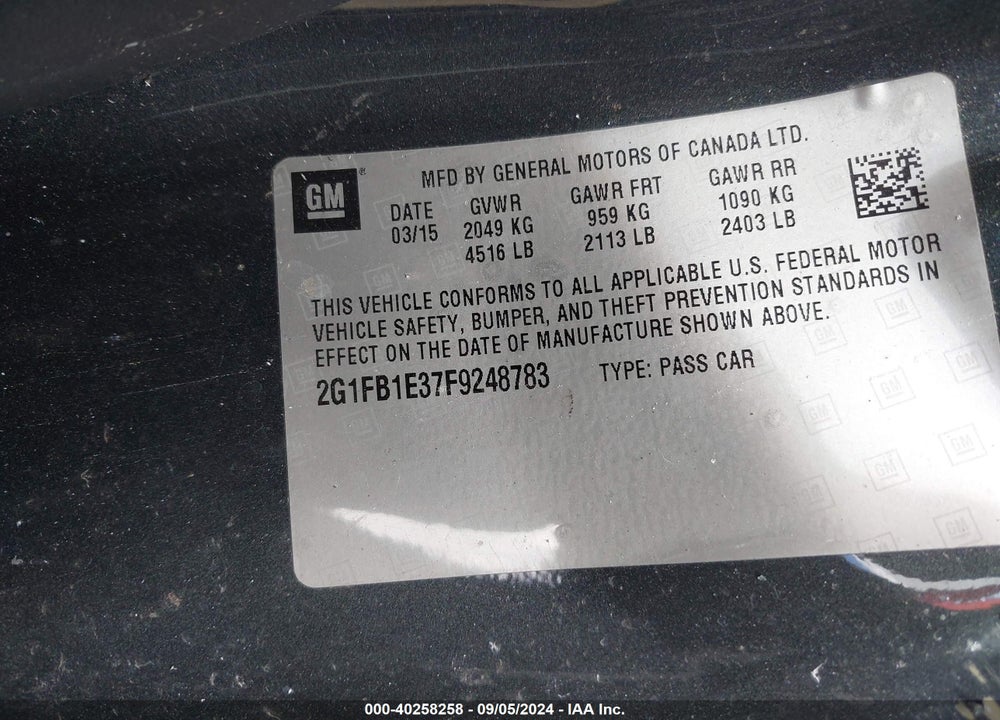 2015 CHEVROLET CAMARO 2LS VIN: 2G1FB1E37F9248783