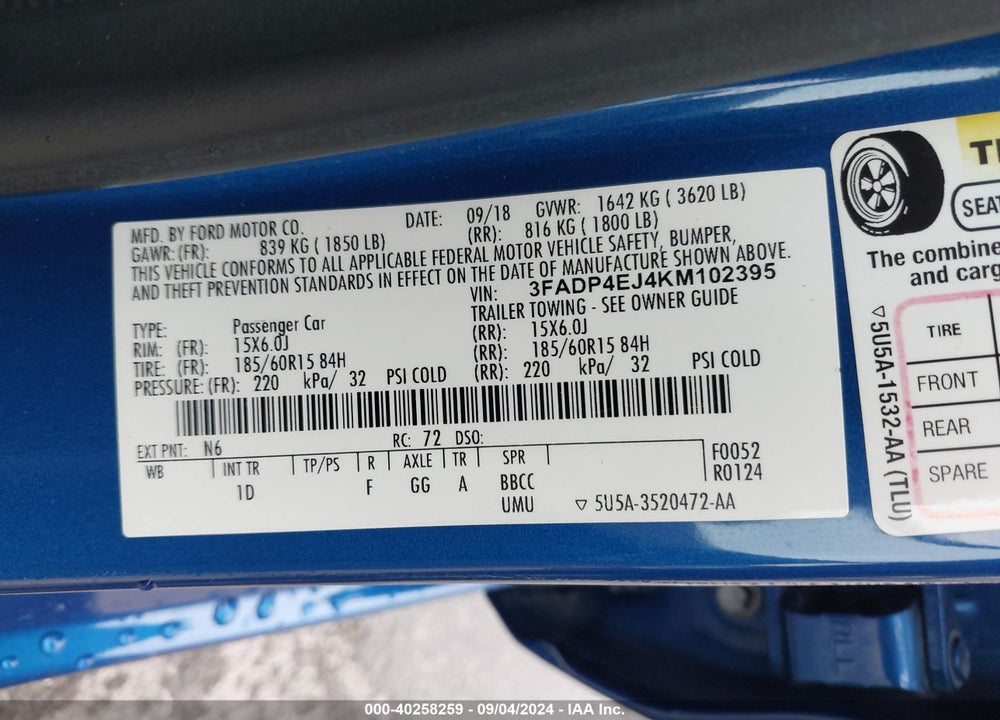 2019 FORD FIESTA SE VIN: 3FADP4EJ4KM102395