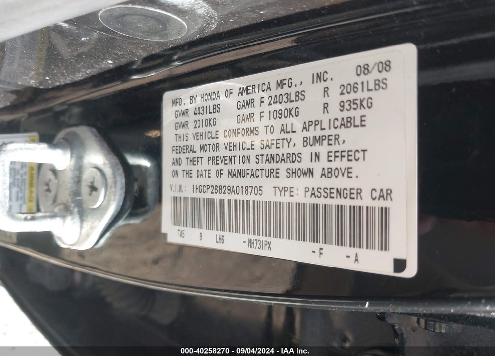 2009 HONDA ACCORD VIN: 1HGCP26829A018705