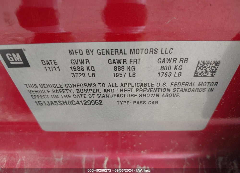 2012 CHEVROLET SONIC 2LS VIN: 1G1JA5SH0C4129962