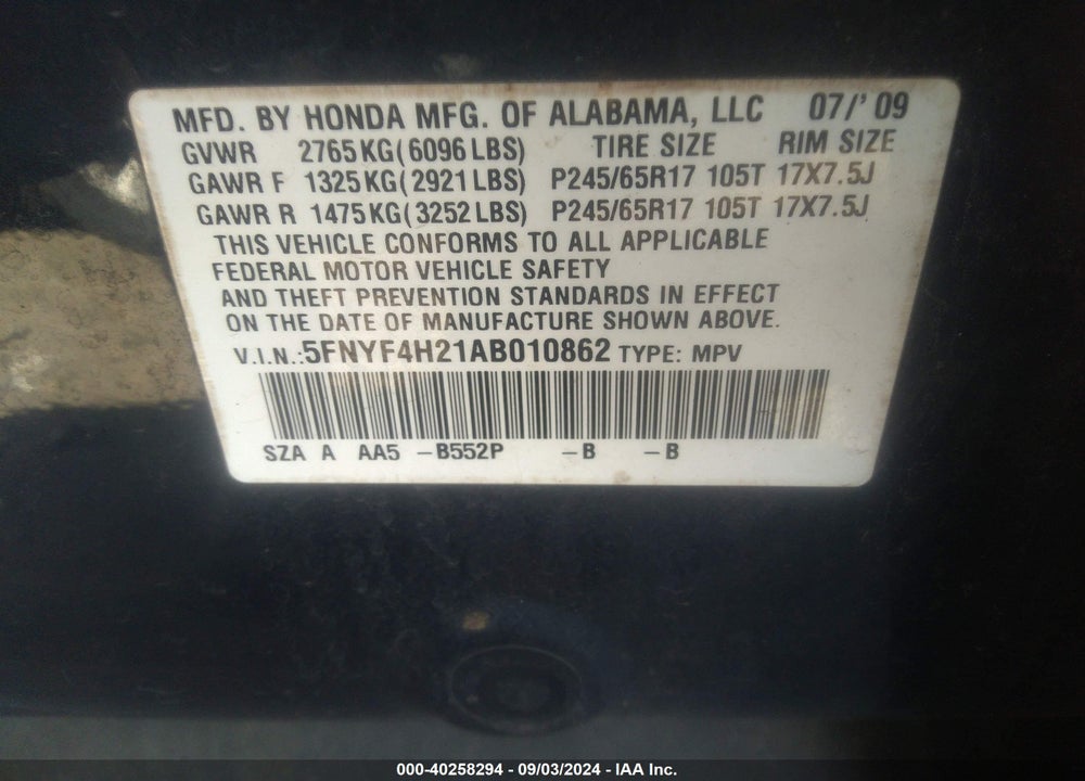 2010 HONDA PILOT LX VIN: 5FNYF4H21AB010862