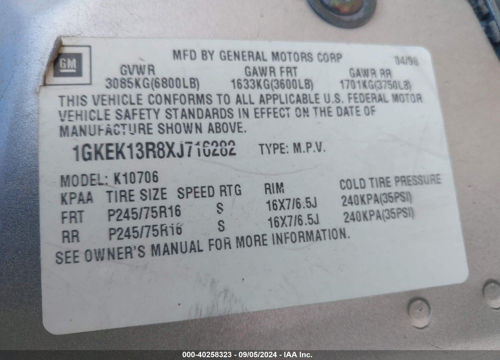 1999 GMC YUKON SLE VIN: 1GKEK13R8XJ716282