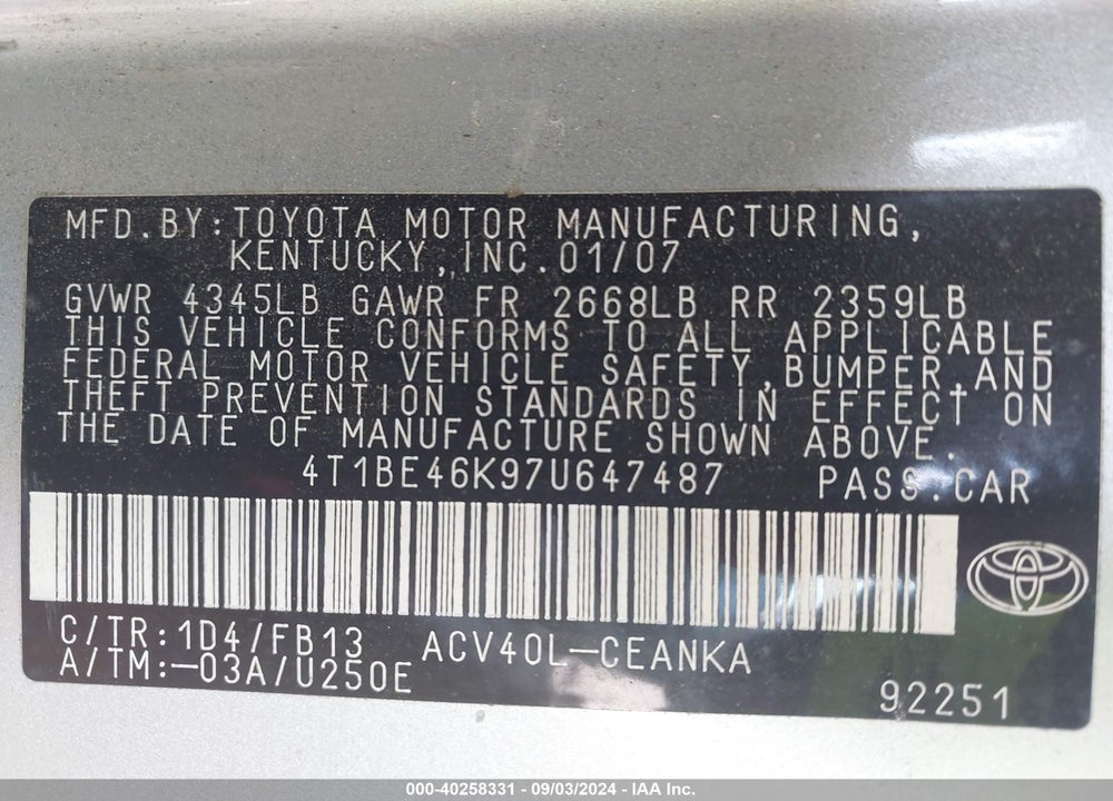 2007 TOYOTA CAMRY LE VIN: 4T1BE46K97U647487
