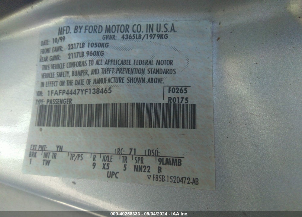 2000 FORD MUSTANG VIN: 1FAFP4447YF138465
