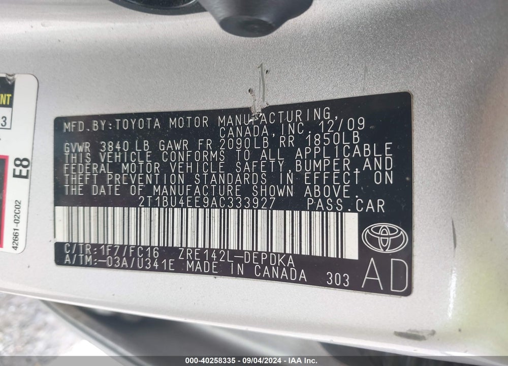 2010 TOYOTA COROLLA LE VIN: 2T1BU4EE9AC333927
