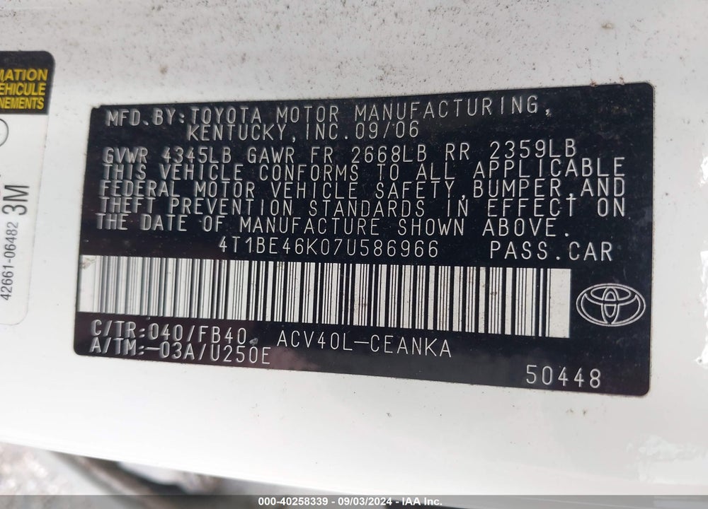 2007 TOYOTA CAMRY CE VIN: 4T1BE46K07U586966
