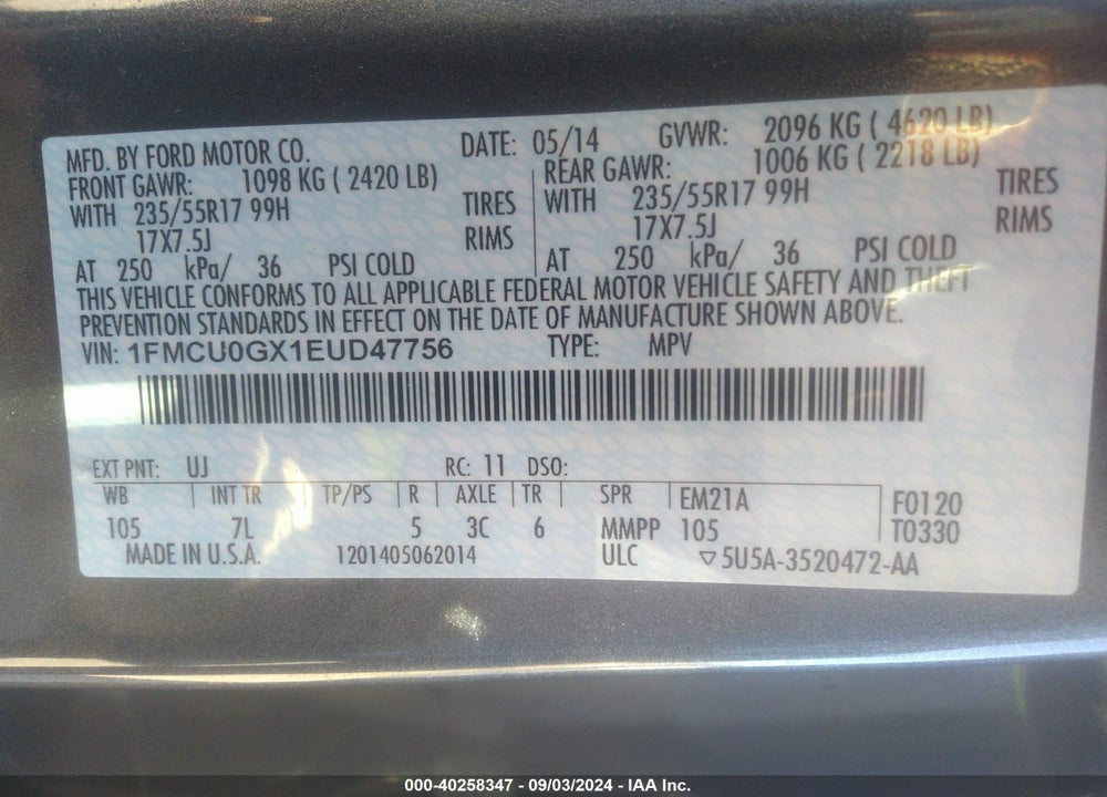 2014 FORD ESCAPE SE VIN: 1FMCU0GX1EUD47756