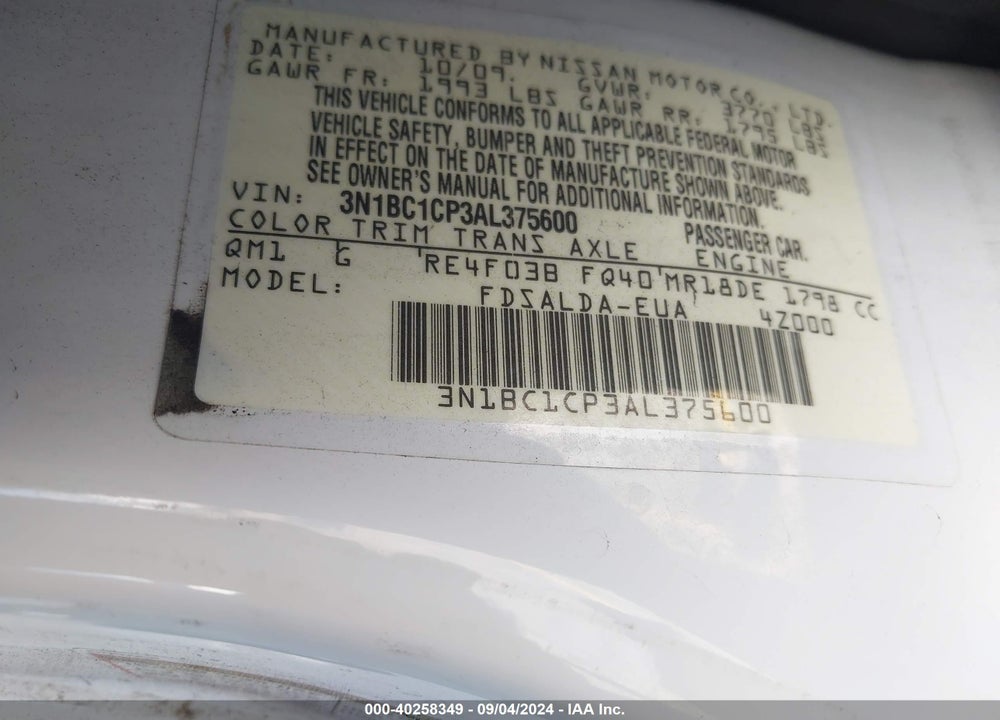 2010 NISSAN VERSA 1.8 S VIN: 3N1BC1CP3AL375600