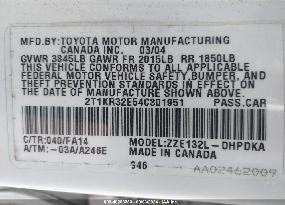 2004 TOYOTA MATRIX STANDARD VIN: 2T1KR32E54C301951