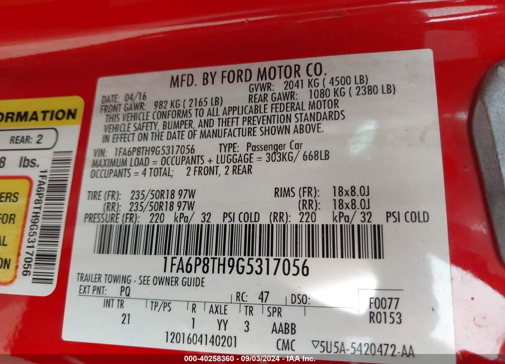 2016 FORD MUSTANG VIN: 1FA6P8TH9G5317056