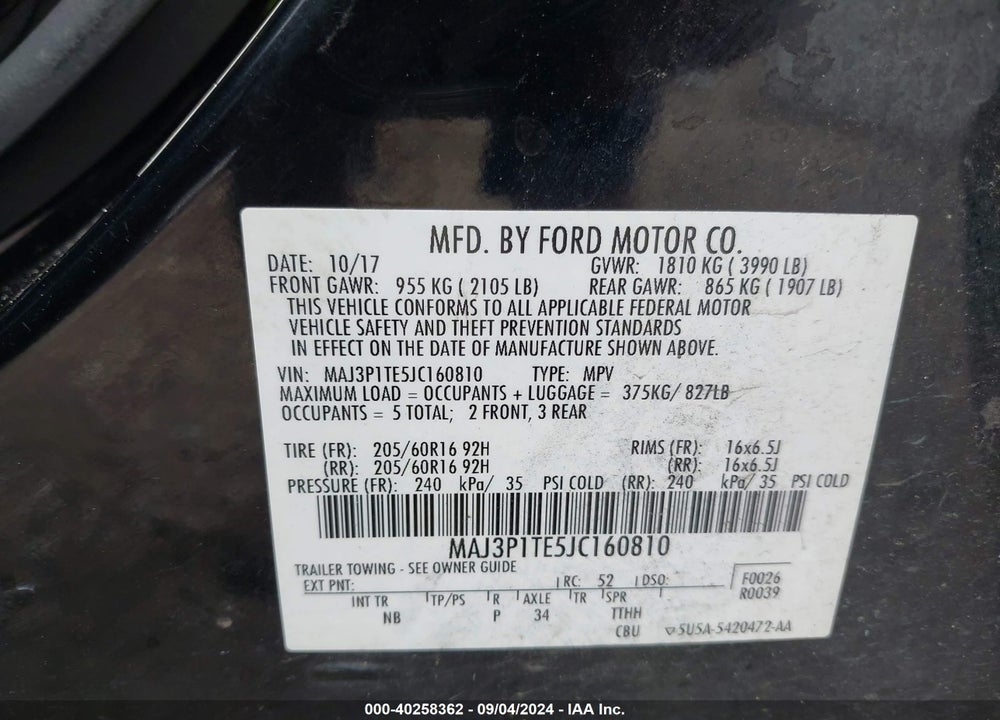 2018 FORD ECOSPORT SE VIN: MAJ3P1TE5JC160810