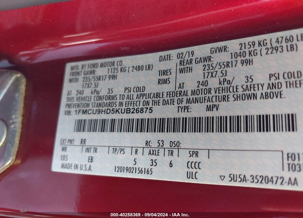 2019 FORD ESCAPE SEL VIN: 1FMCU9HD5KUB26875