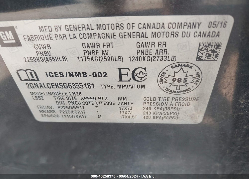 2016 CHEVROLET EQUINOX LT VIN: 2GNALCEK5G6355181