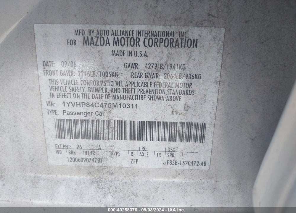 2007 MAZDA 6 I SPORT VE VIN: 1YVHP84C475M10311