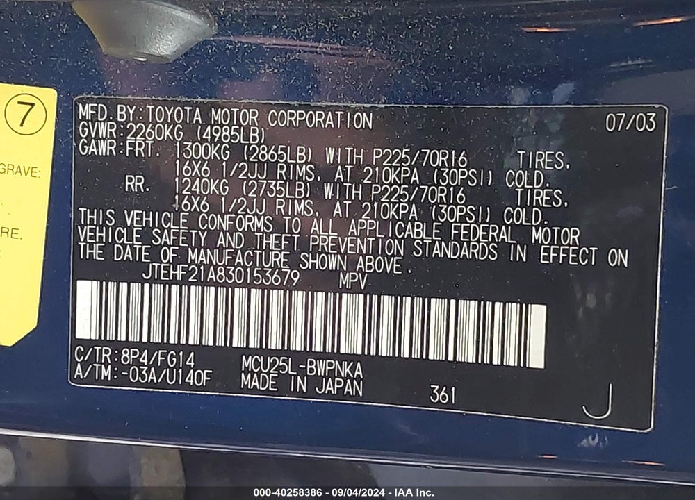 2003 TOYOTA HIGHLANDER V6 VIN: JTEHF21A830153679