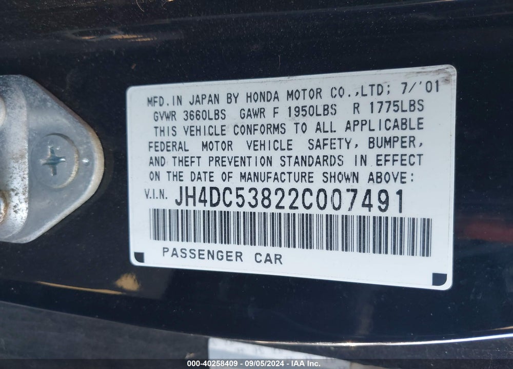 2002 ACURA RSX VIN: JH4DC53822C007491