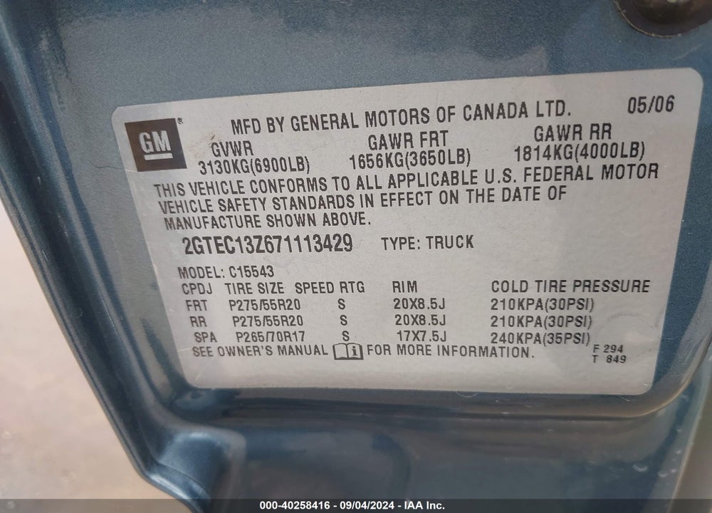 2007 GMC SIERRA 1500 CLASSIC SLE1 VIN: 2GTEC13Z671113429