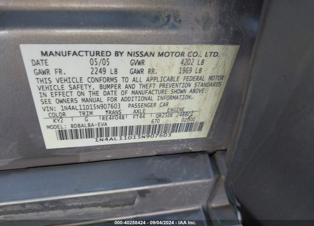 2005 NISSAN ALTIMA VIN: 1N4AL11D15N907603