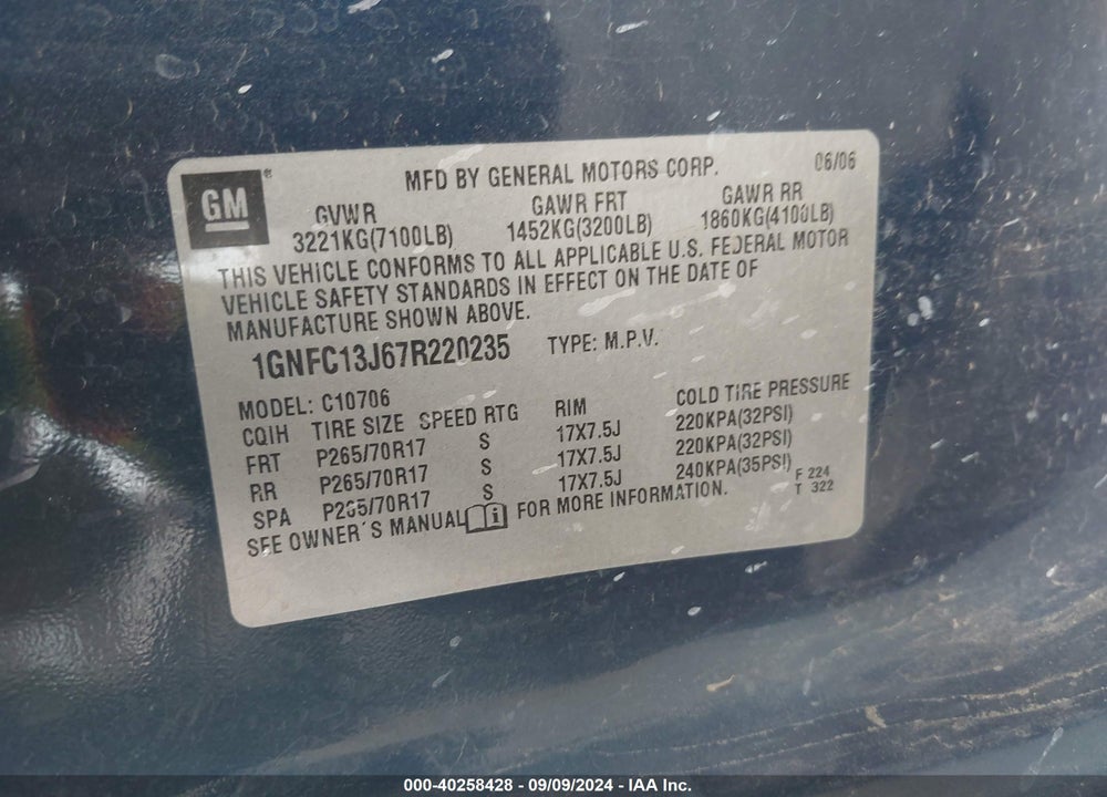 2007 CHEVROLET TAHOE LS VIN: 1GNFC13J67R220235