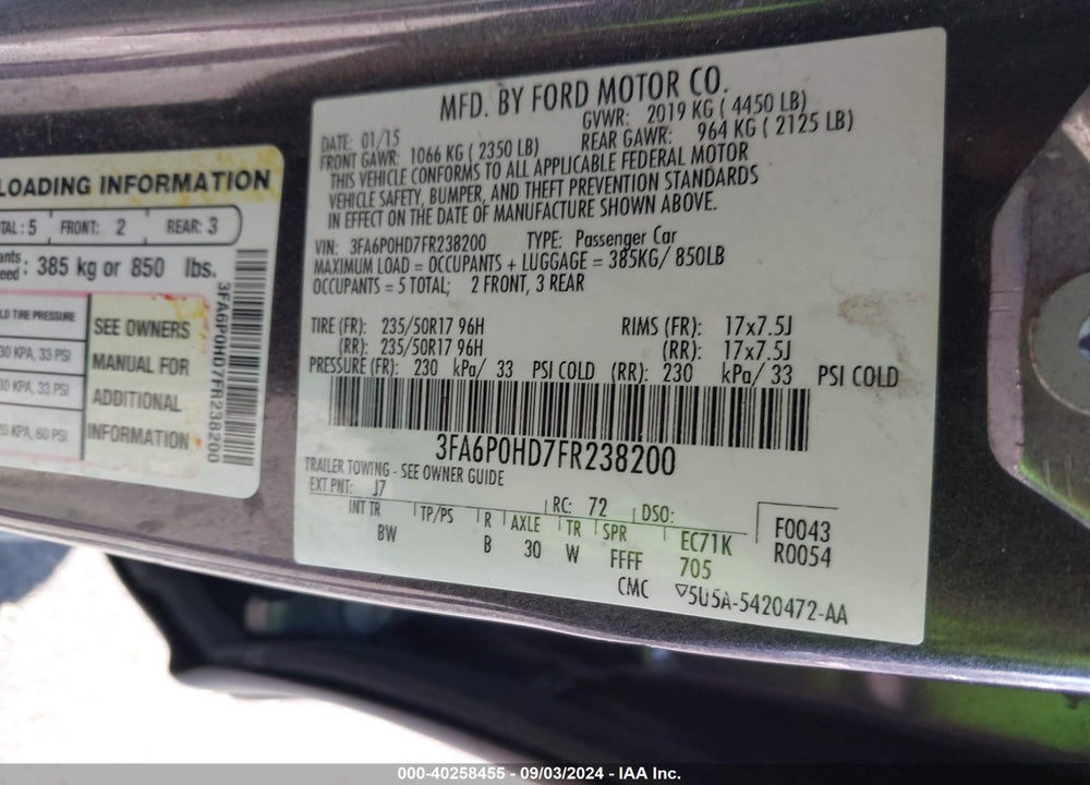 2015 FORD FUSION SE VIN: 3FA6P0HD7FR238200