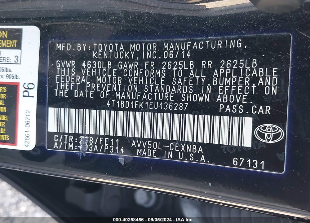 2014 TOYOTA CAMRY HYBRID LE VIN: 4T1BD1FK1EU136287